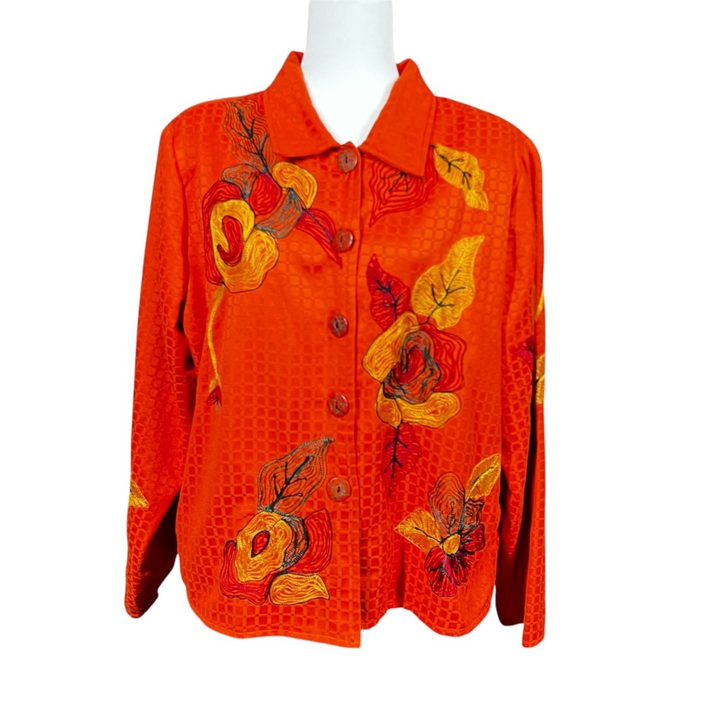 Alex Kim Jacket‎ Womens L Orange Art To Wear Embroidered Fall Teacher Halloween